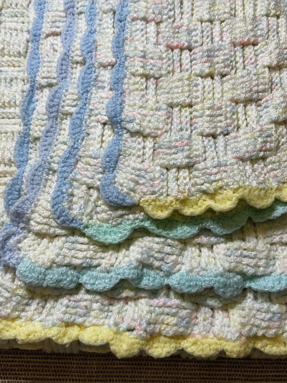 Vintage 1996 Hand Crocheted Baby Blanket Heirloom Pastel Basketweave Afghan prop